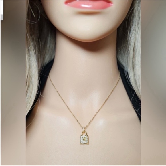Louis Vuitton Lock Charm Pendant 18” Gold Plated Chain w Gift Box
